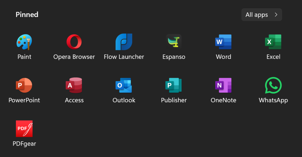 windows various pinned apps