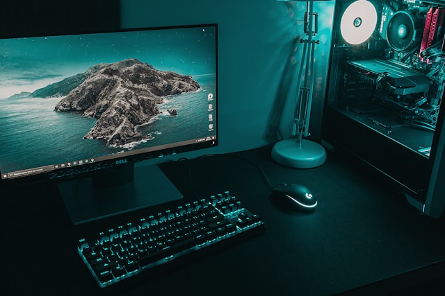 desktop computer blue lighting