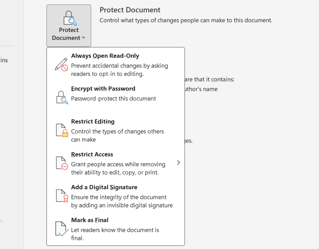 word protect document menu