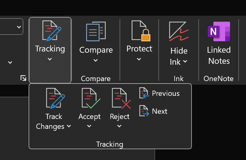 word track changes dialog